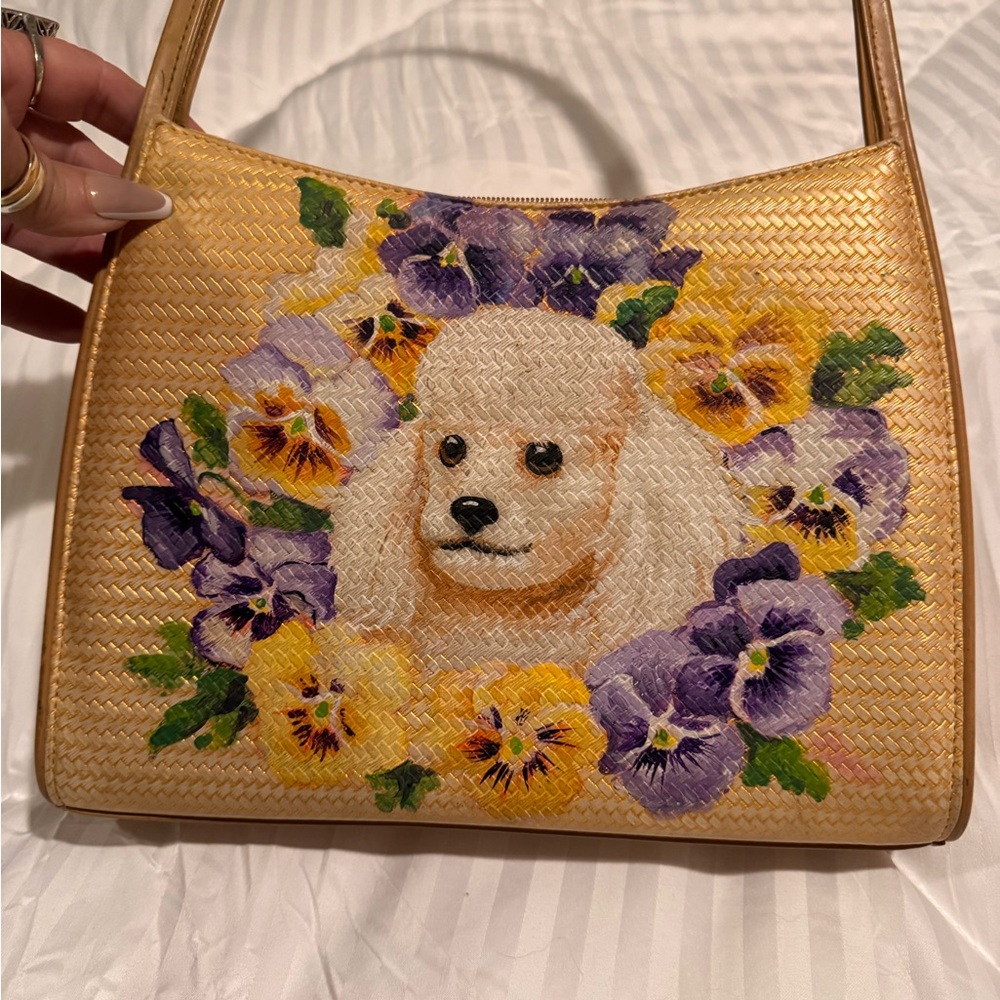 Woven Handbag with Hand Painted White Poodle and Floral Design